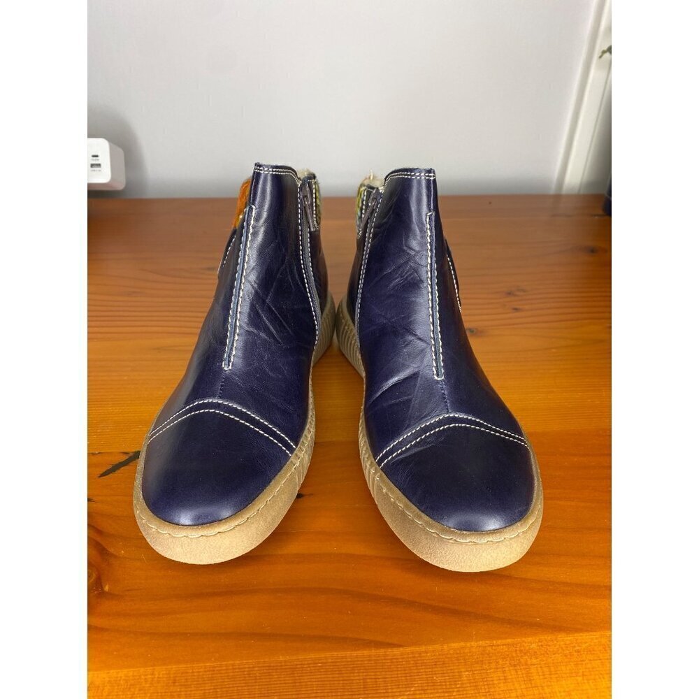 Josef Seibel Maren 07 Blue Leather Ankle Boots With Sherpa Lining & Multi-Color